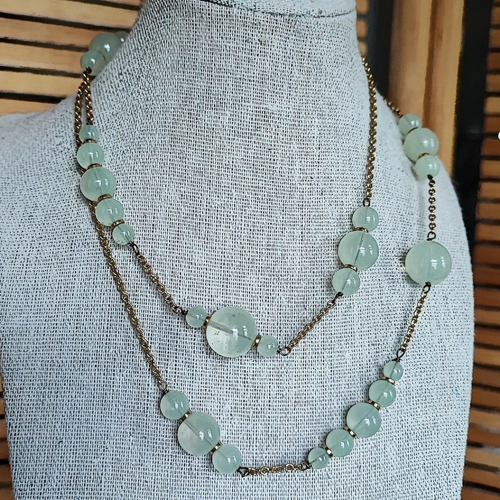 J. Crew Signed Light Green Minty Asymmetrical Gold Tone Necklace Lifesaver Clasp